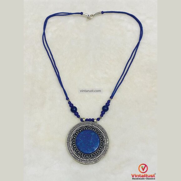 Blue Lapis Lazuli Pendant Necklace, Handmade Gemstone Pendant Necklace, Unisex - Picture 1 of 5